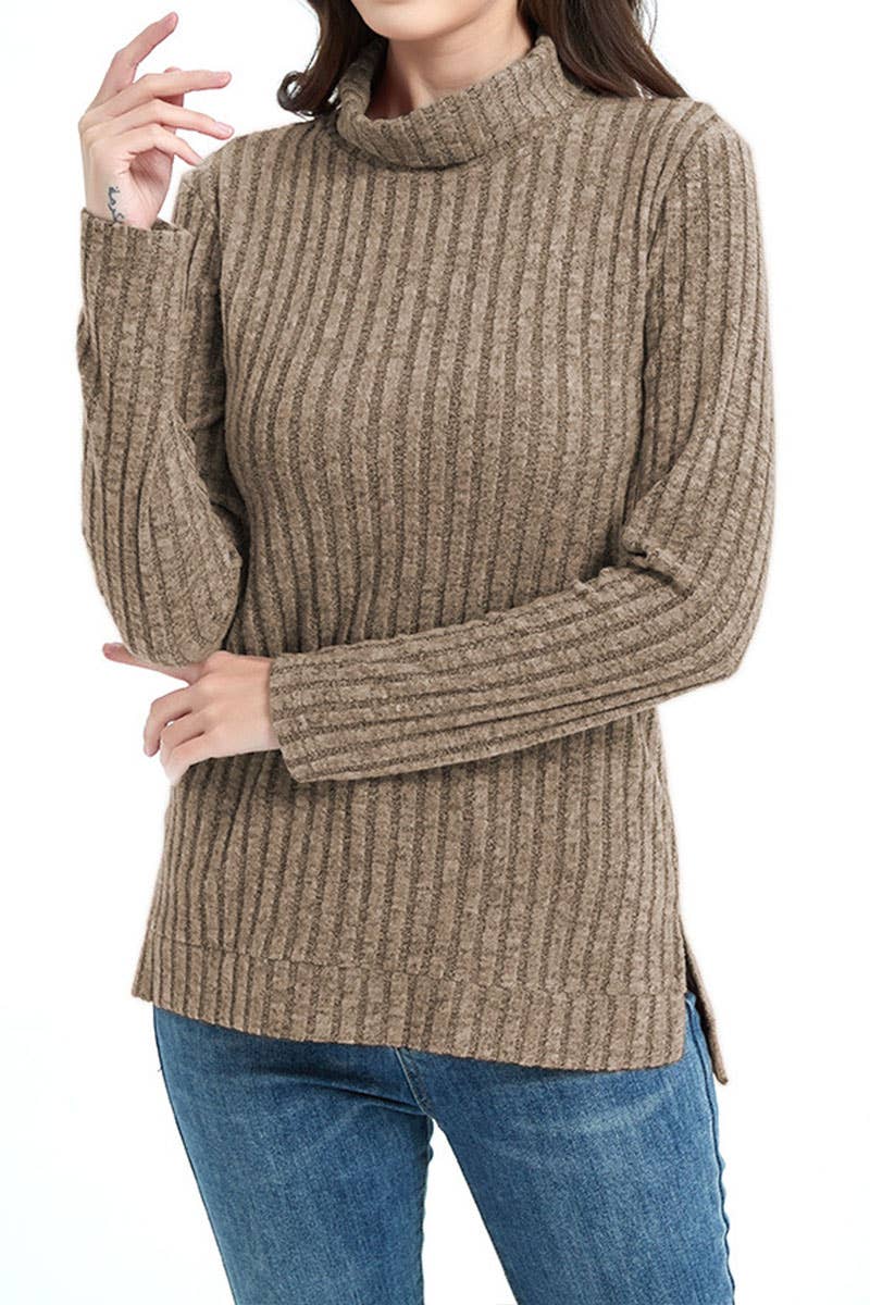 Stylish pit striped turtleneck solid color knitwear
