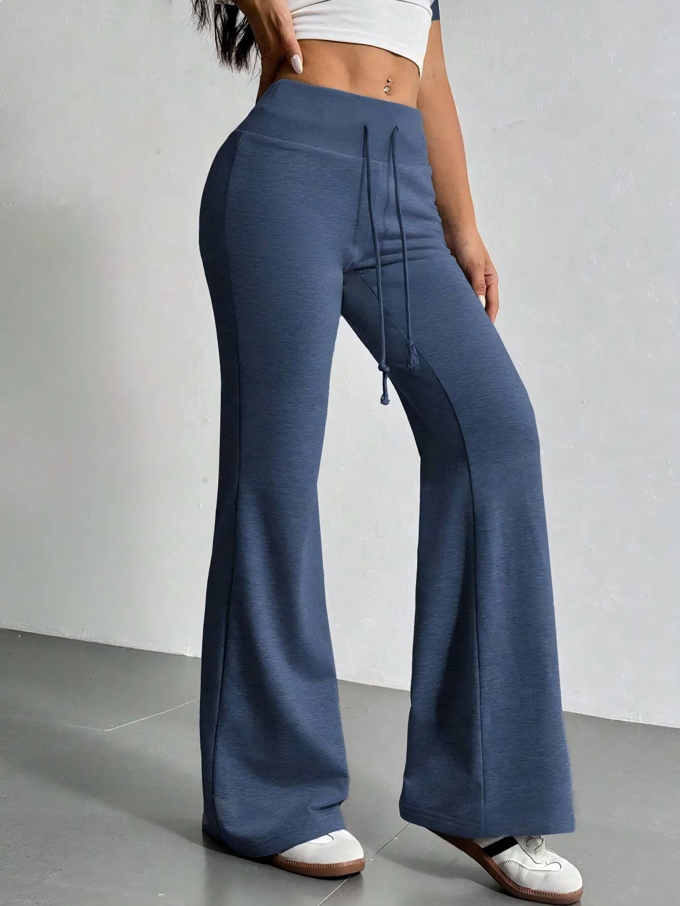 DRAWSTRING HIGH-WAISTED SOLID COLOR BELL BOTTOMS