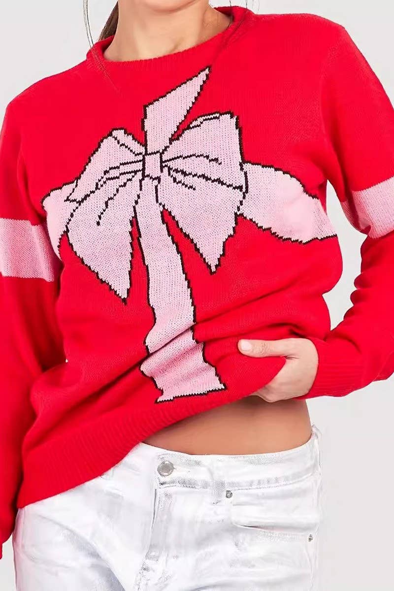 Solid color crew neck sweater with bow elements