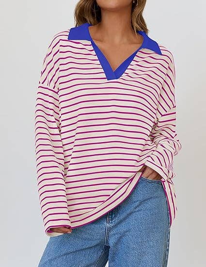 STRIPED V-NECK LOOSE LONG-SLEEVED HOODIE
