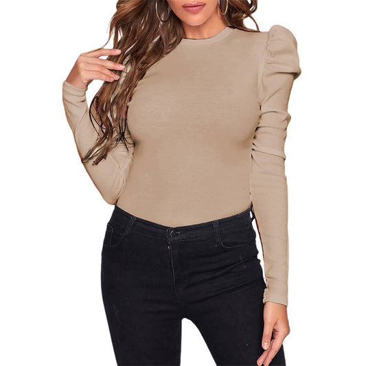 Round neck bubble long sleeve slim-fit top