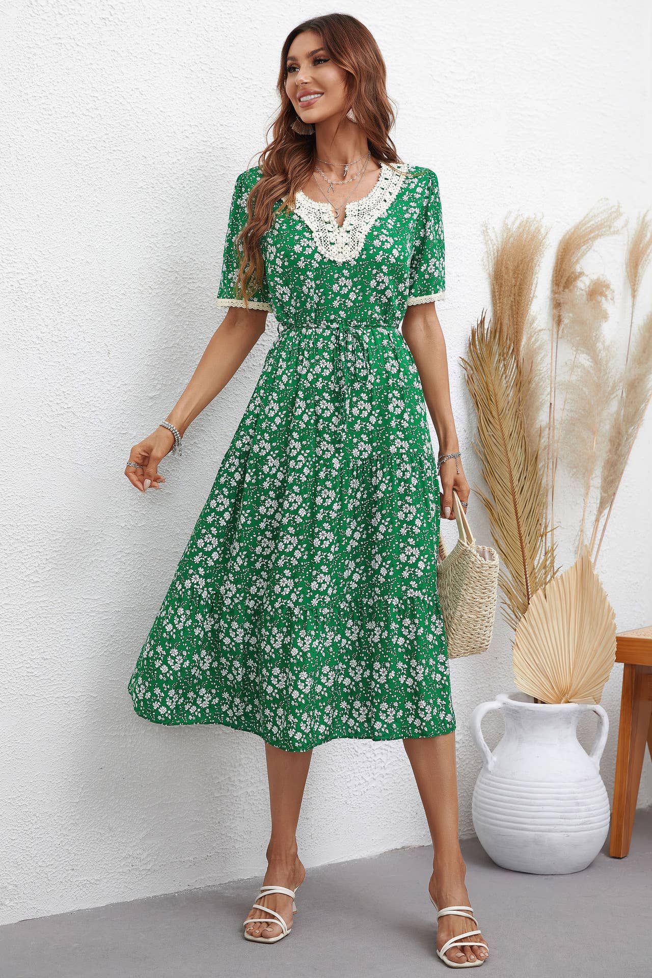 V-NECK FASHION PRINT SLIM-FIT WAISTLINE DRESS