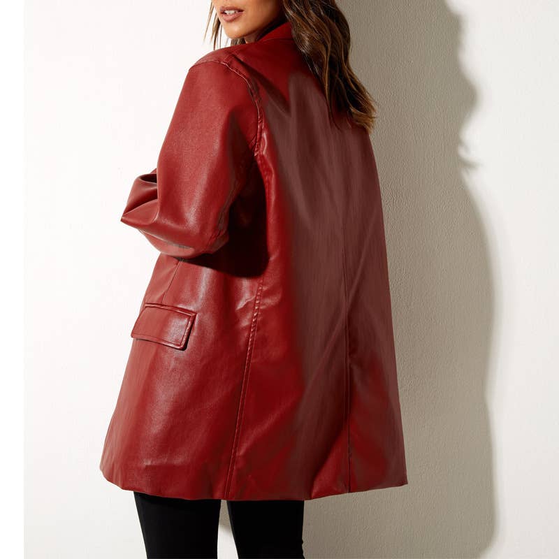 SOLID COLOR PU LEATHER LOOSE FASHION SUIT JACKET