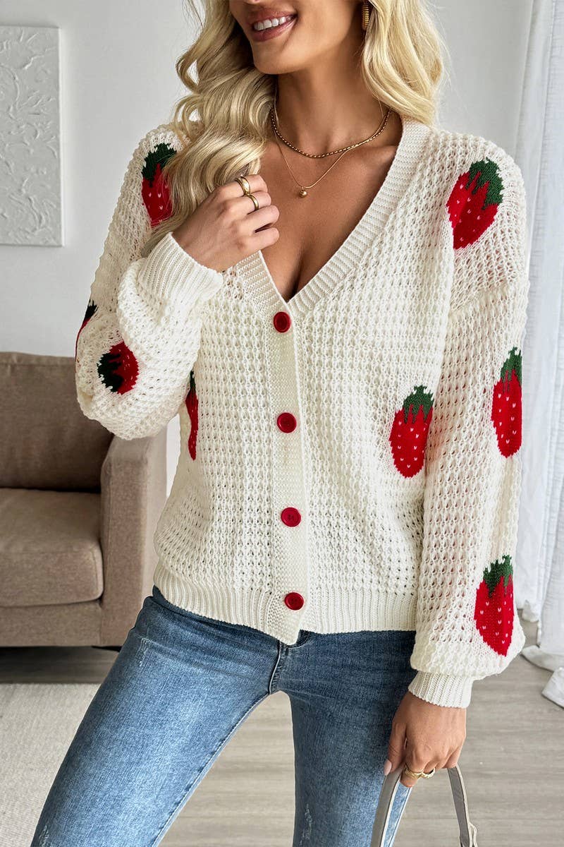 CWOCAL2320_STRAWBERRY JACQUARD KNIT CARDIGAN