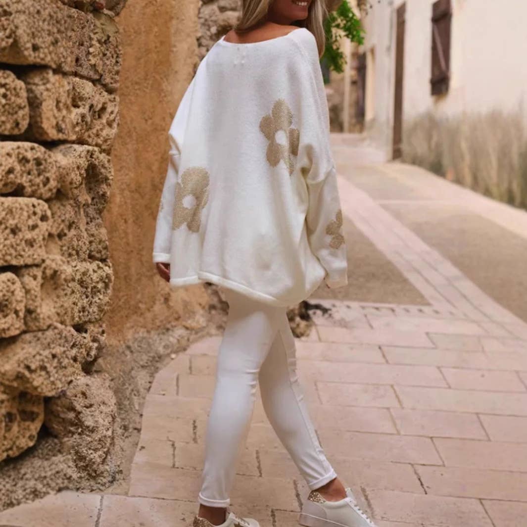 Round-neck solid-color jacquard knitted sweater