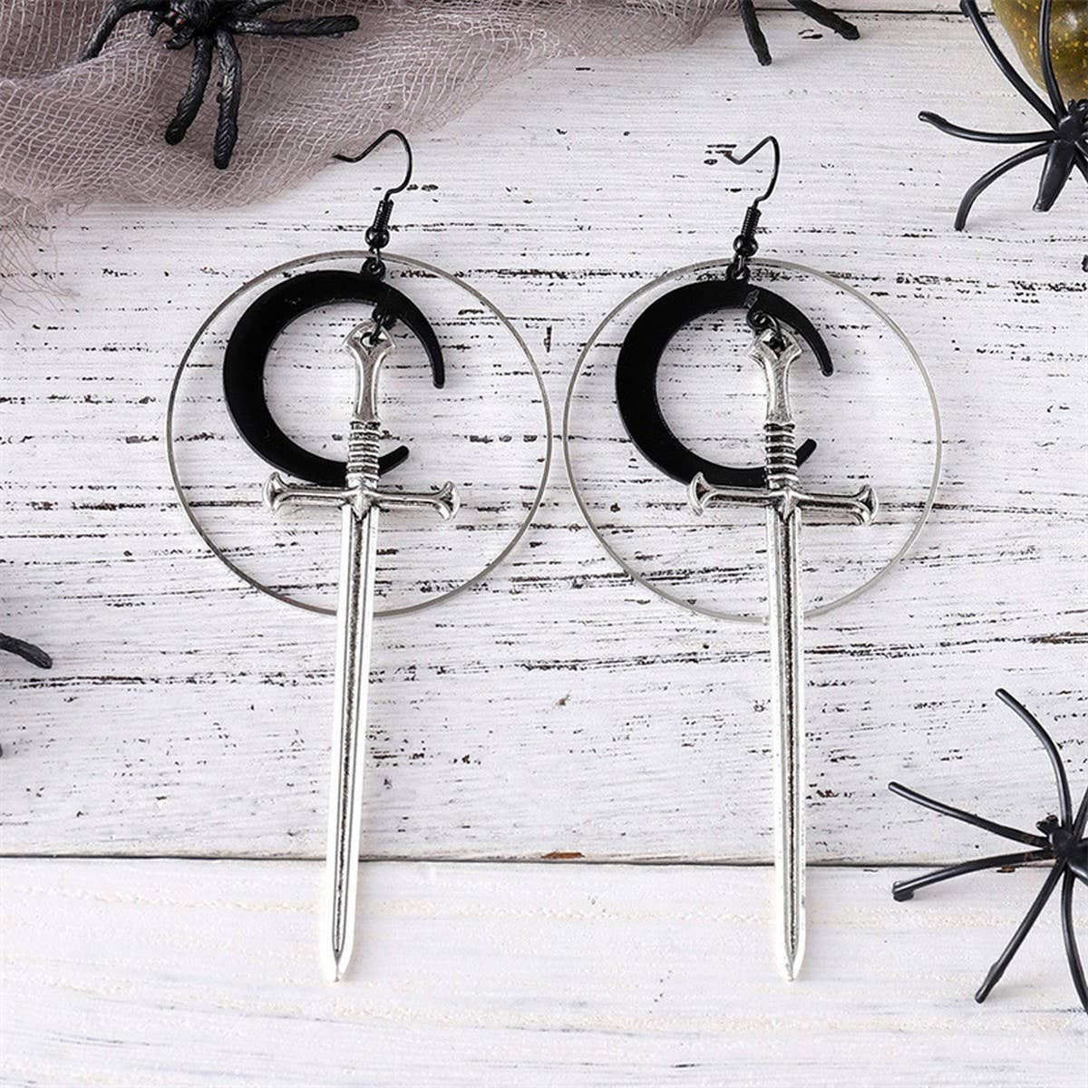 HALLOWEEN ROUND BLACK MOON SWORD EARRINGS
