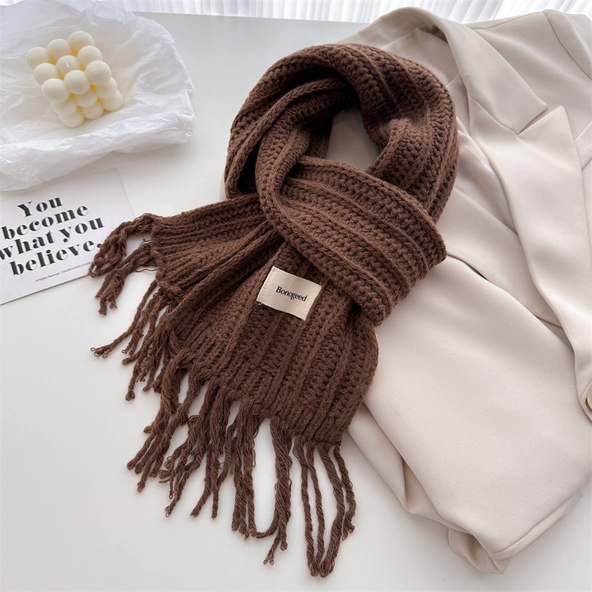 Cable Knit Wool Scarf with Tassels for Women_CWASC2756