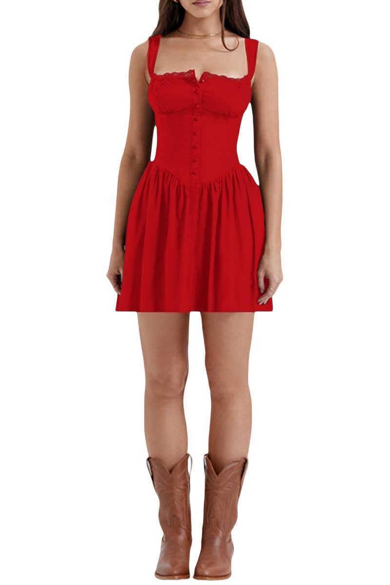 CWDSD5331_SOLID COLOR SLIM LACE STRAP SUSPENDER DRESS