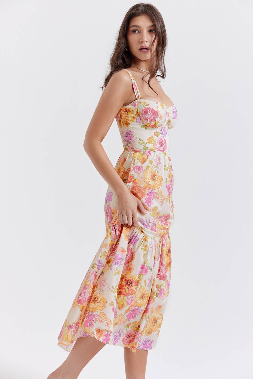 One-shoulder pleated lace floral camisole dress