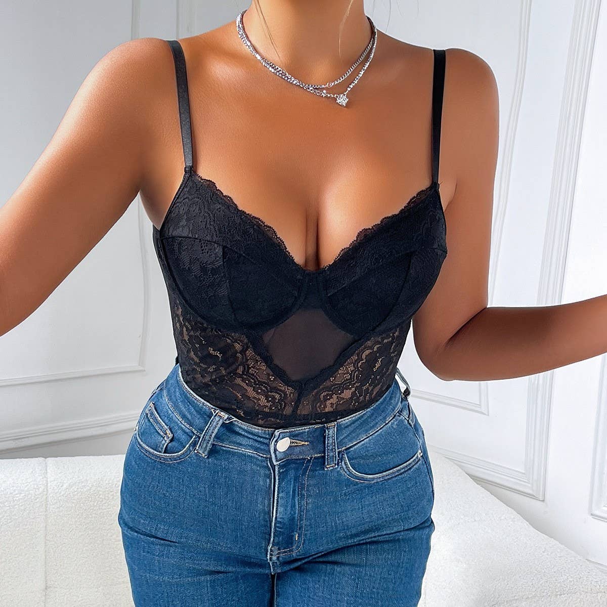 LACE PATCHWORK SLIM SEE-THROUGH CAMISOLE JUMPSUIT
