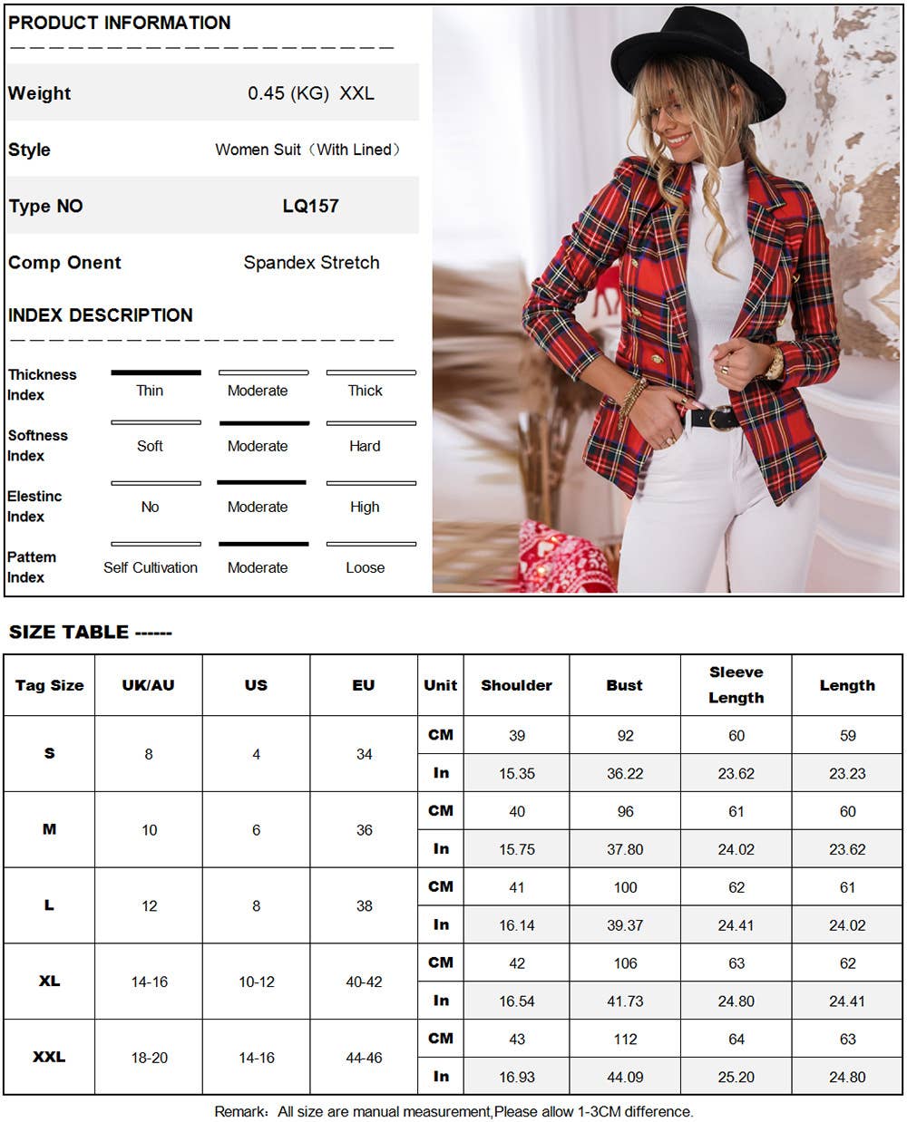 CWOBL0173_SINGLE-BREASTED LAPEL PLAID CASUAL BLAZER