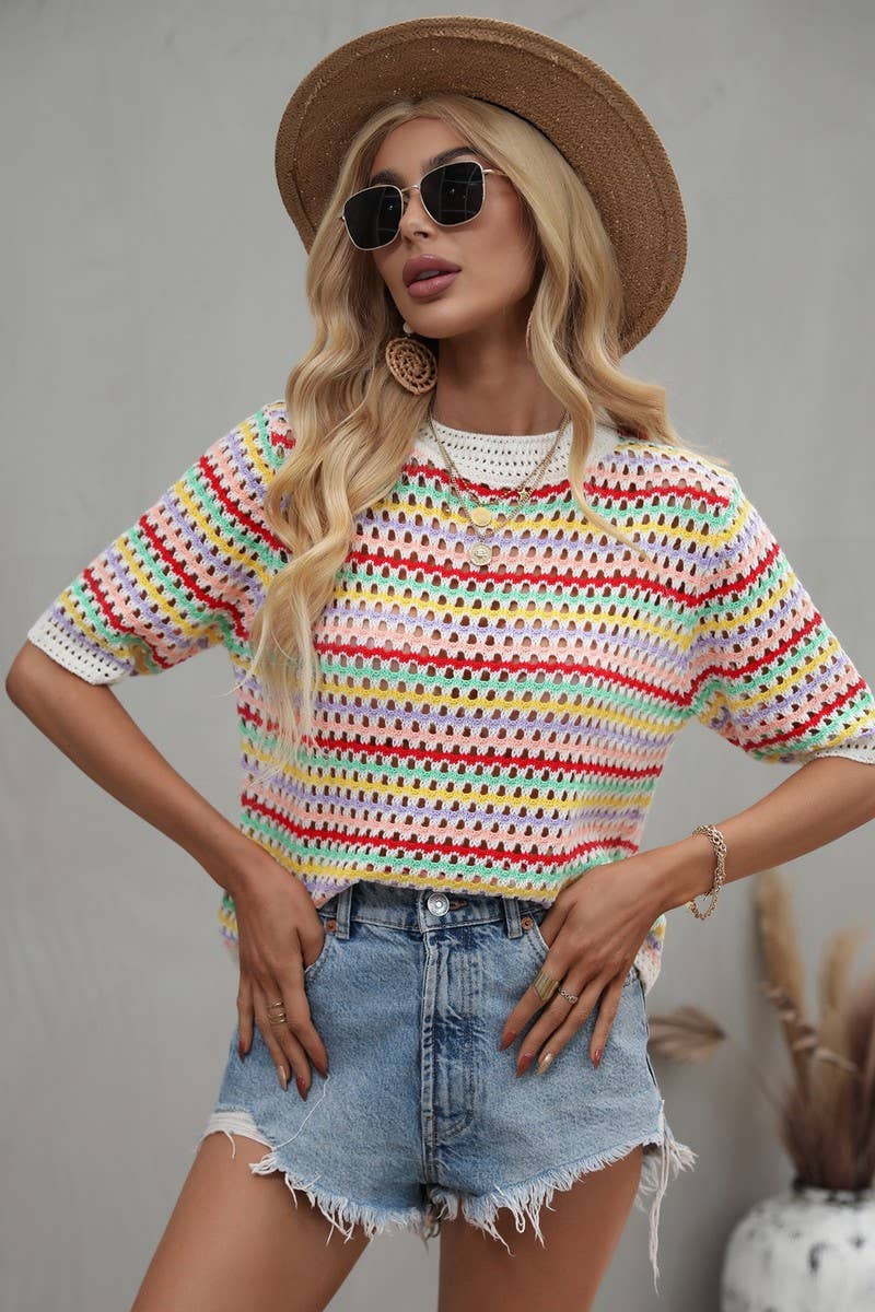 Cwtts0736_Crochet Short Sleeve Pullover Sweater