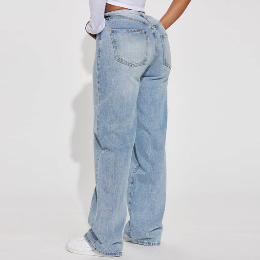 Casual high-waisted design washed denim trousers