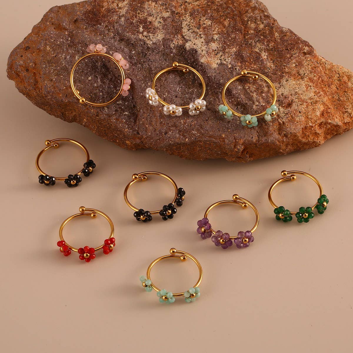 Triple Flower Open Ring in Natural Stone Steel