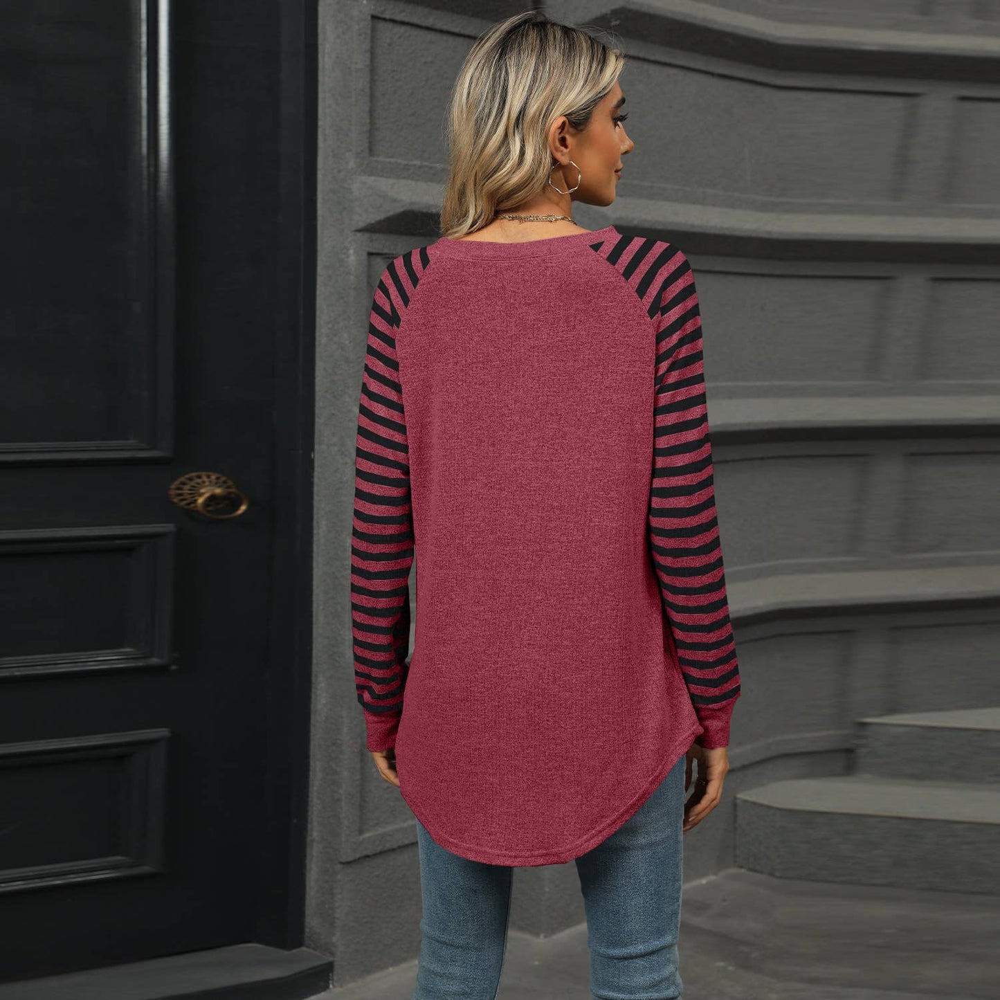 STRIPED PATCHWORK CREW NECK LONG SLEEVE T-SHIRT