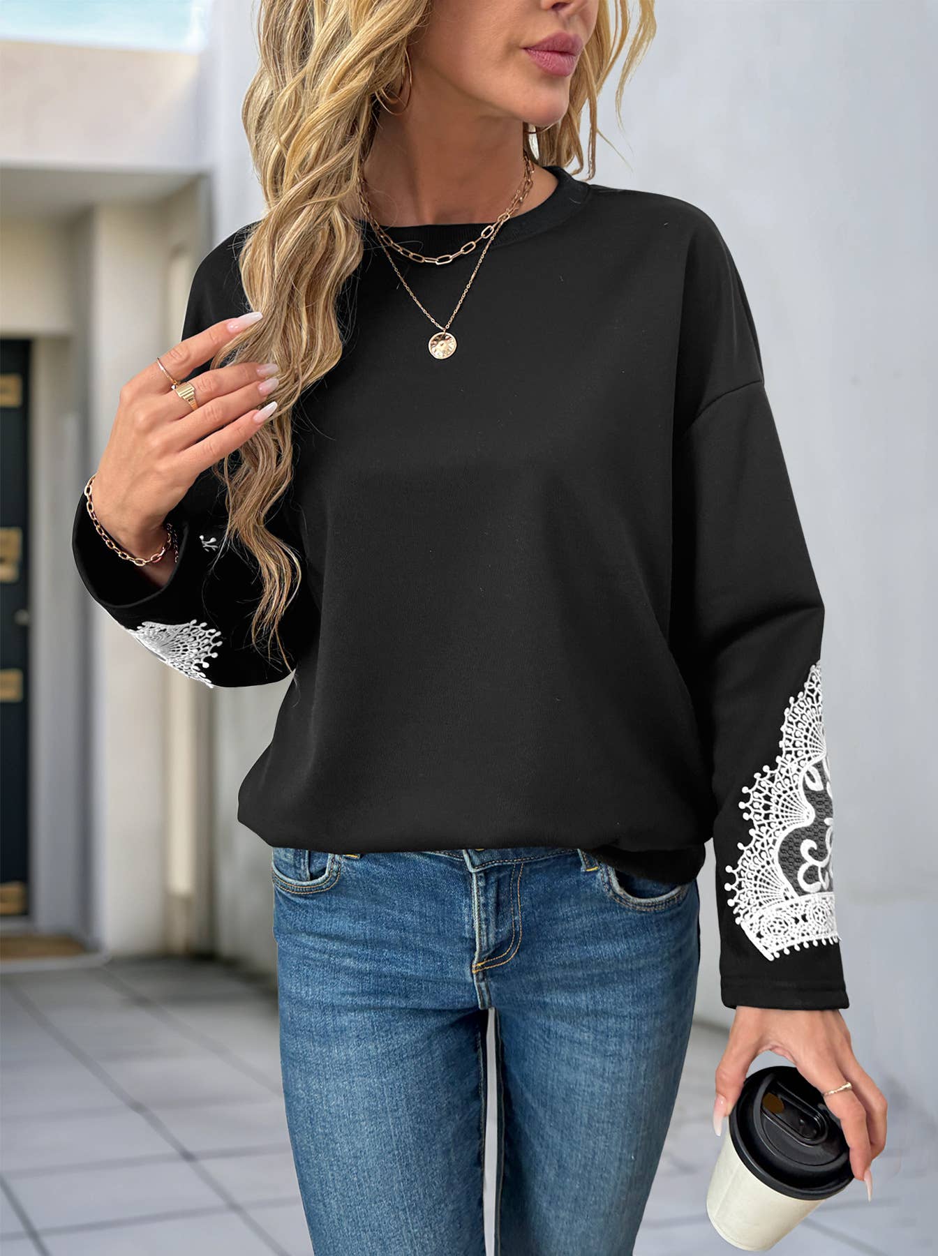 Lace patchwork versatile round-neck hoodie