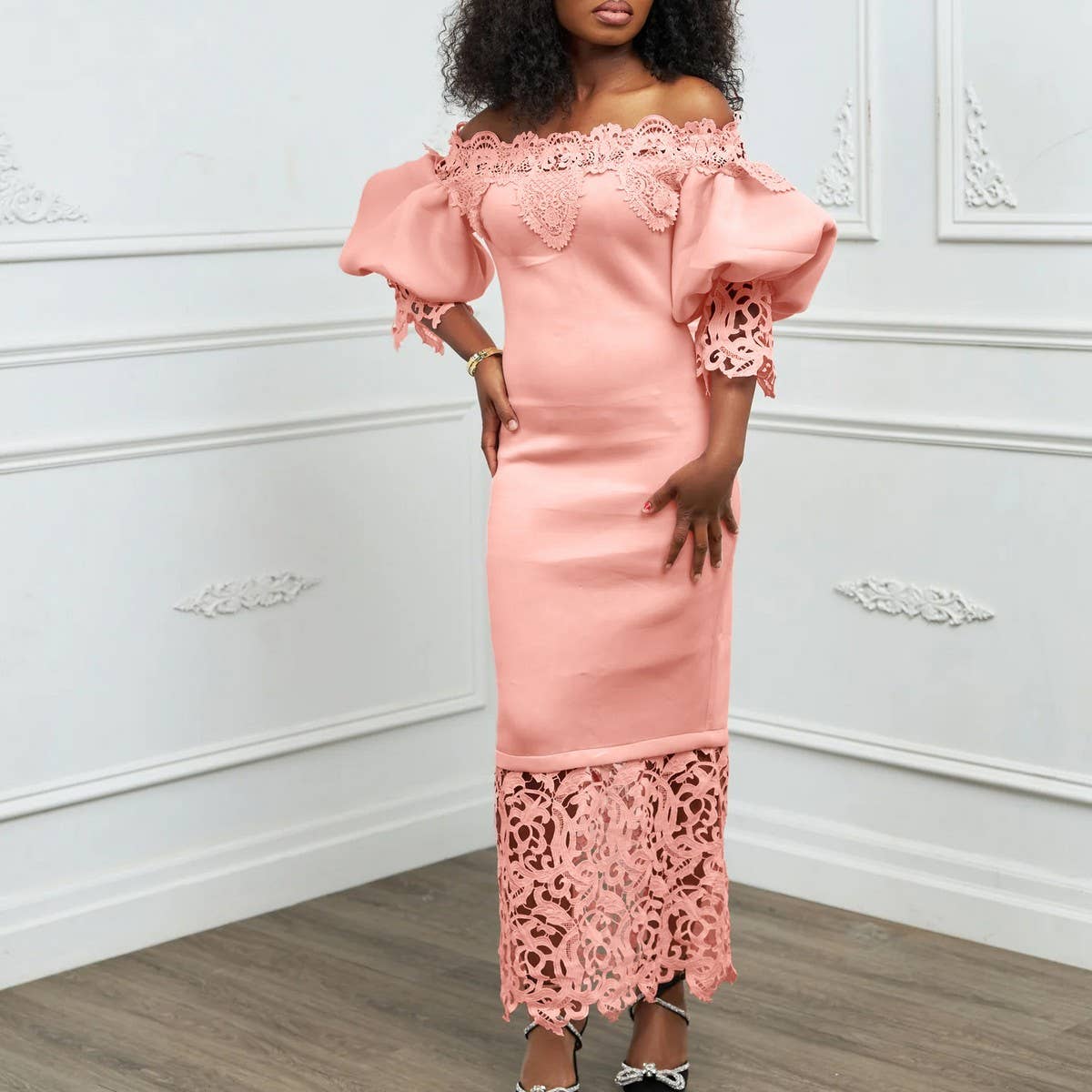 BOAT NECK LACE PATCHWORK LANTERN SLEEVE DRESS_CWDMD3683