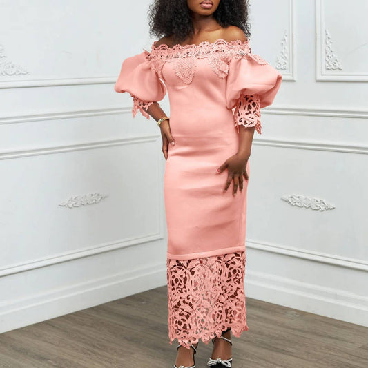 BOAT NECK LACE PATCHWORK LANTERN SLEEVE DRESS_CWDMD3683