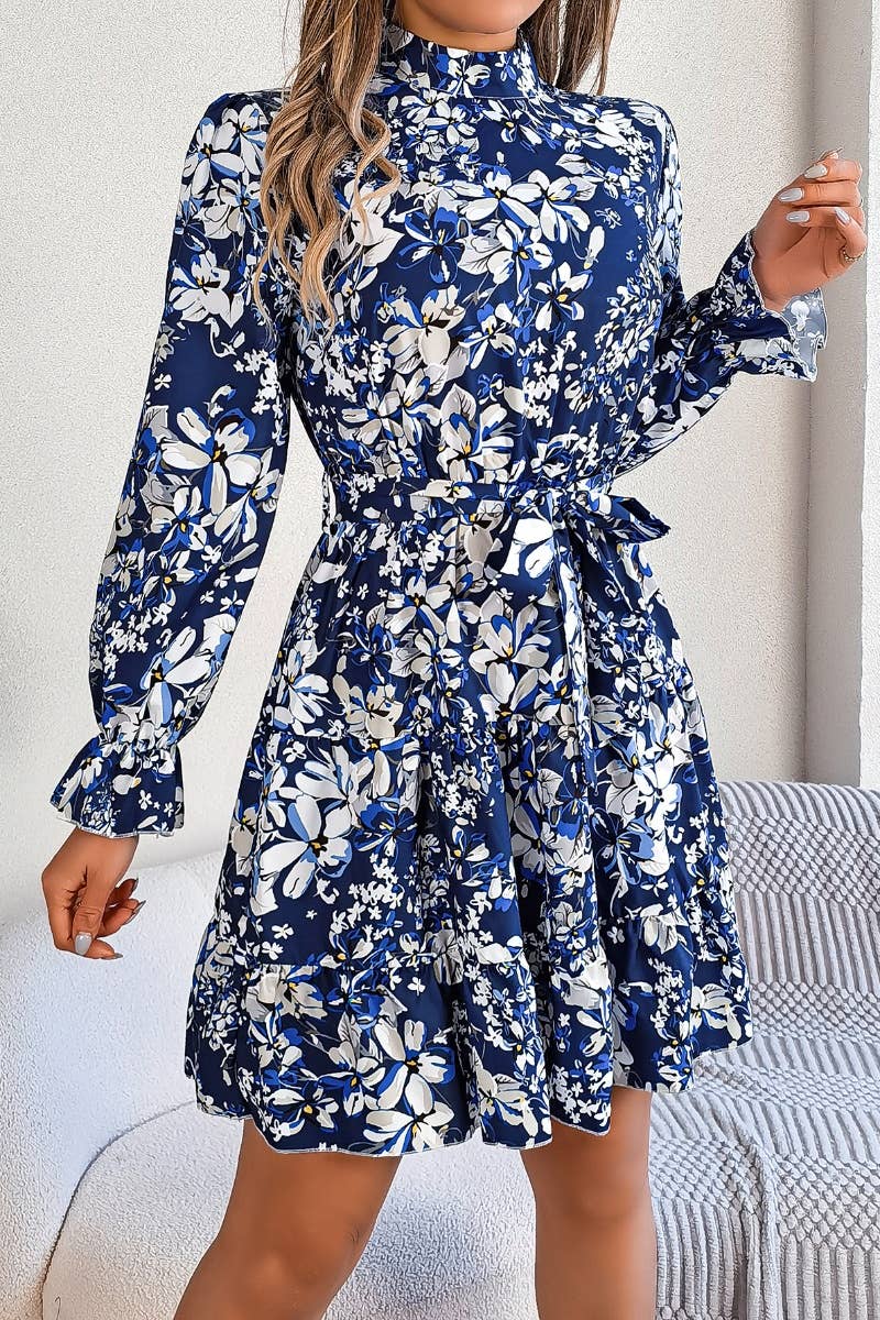 CWDSD6422_FLORAL TURTLENECK LONG SLEEVE PEPLUM DRESS SHORT