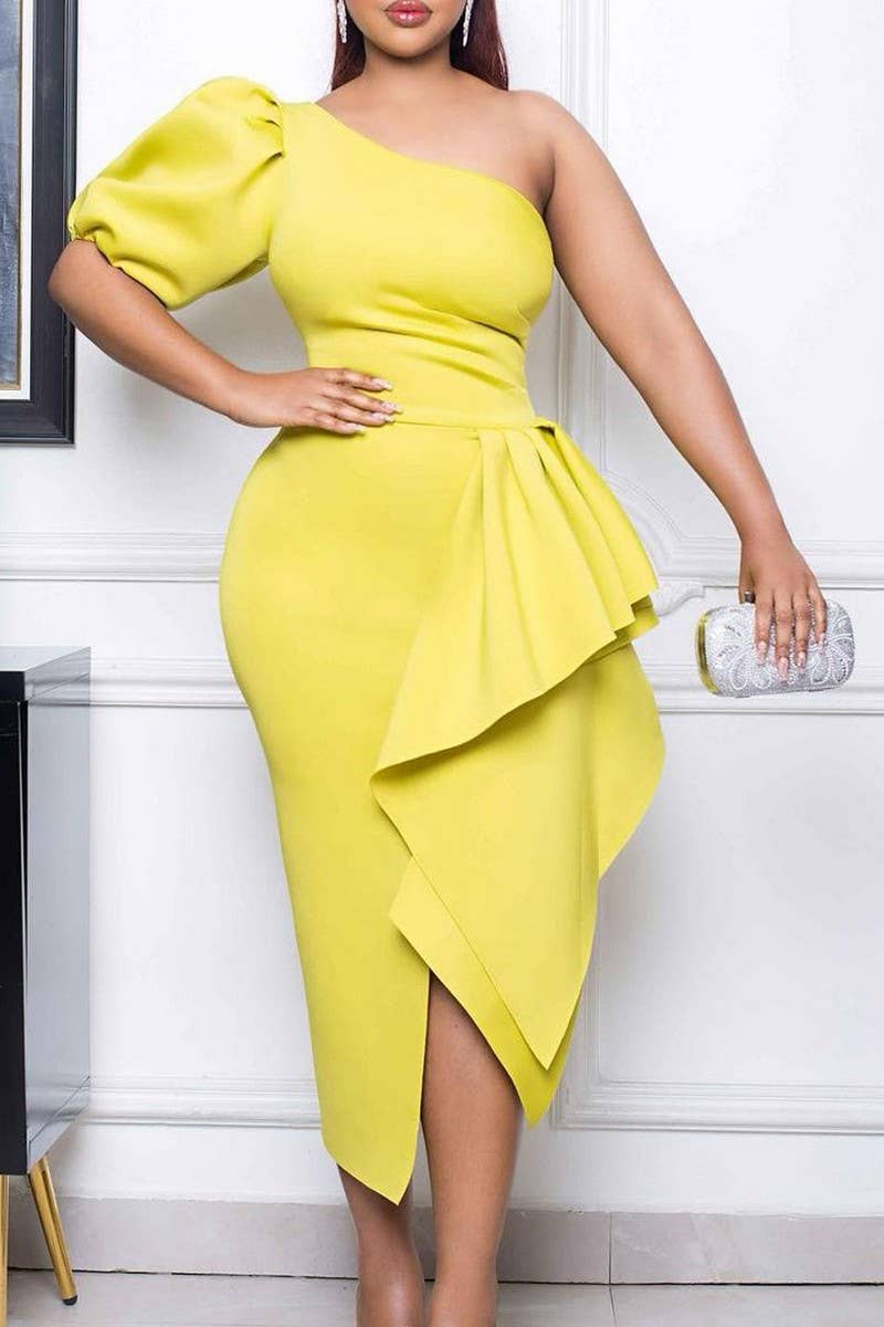 CWDMD1731_PLUS SIZE SLOPE NECK SLIT RUFFLED MIDI DRESS