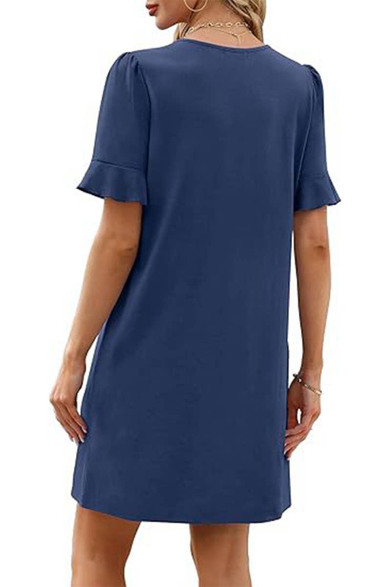 CWDSD8811_V-NECK TRUMPET SLEEVES POCKET SHORT SLEEVE DRESS