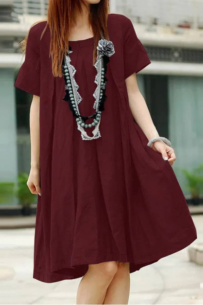 CWDSD5500_LOOSE PLEATED ROUND NECK SHORT SLEEVE DRESS