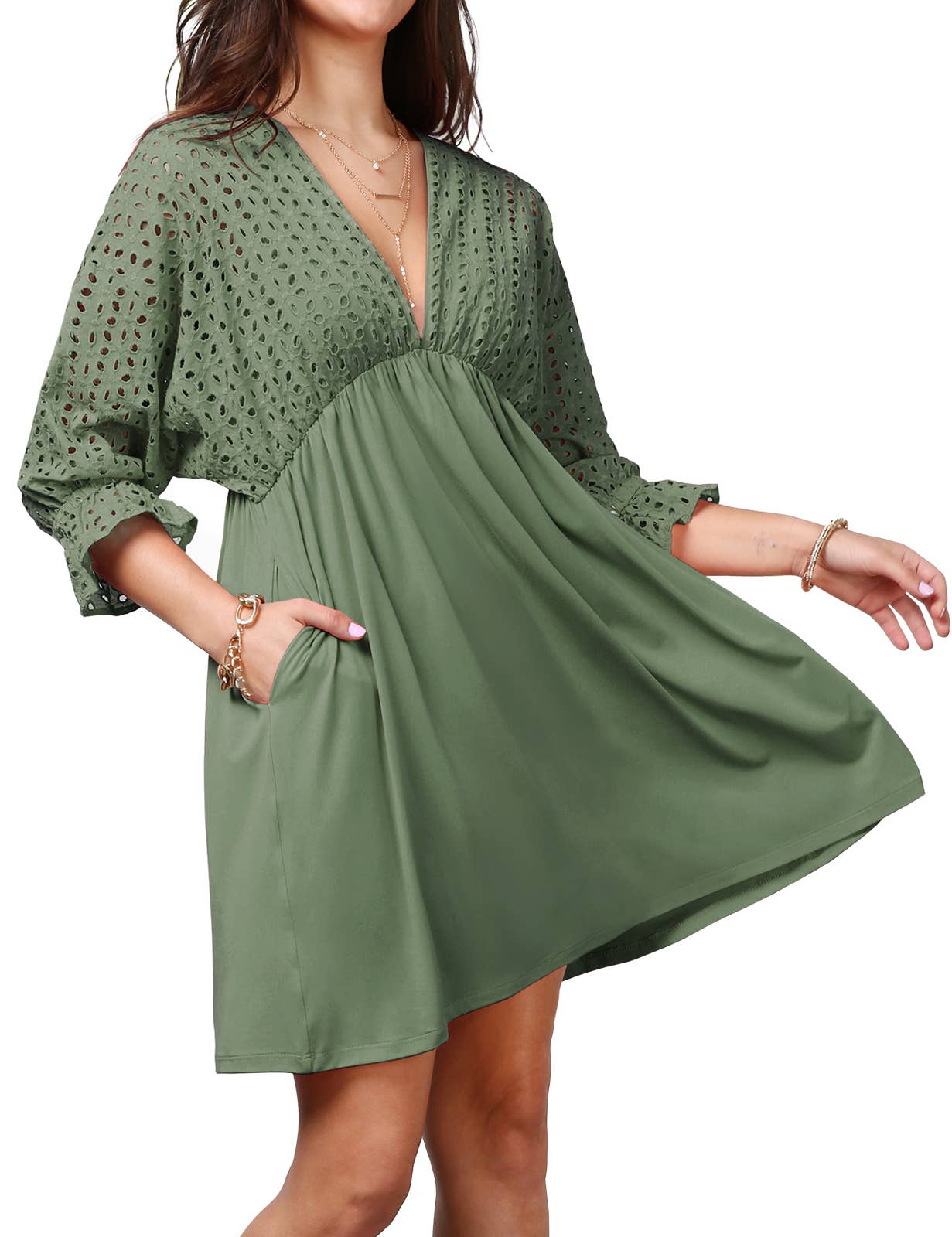 CWDSD10370_COTTON EYELET CONT BODICE WITH 3/4 SLEEVE DRESS