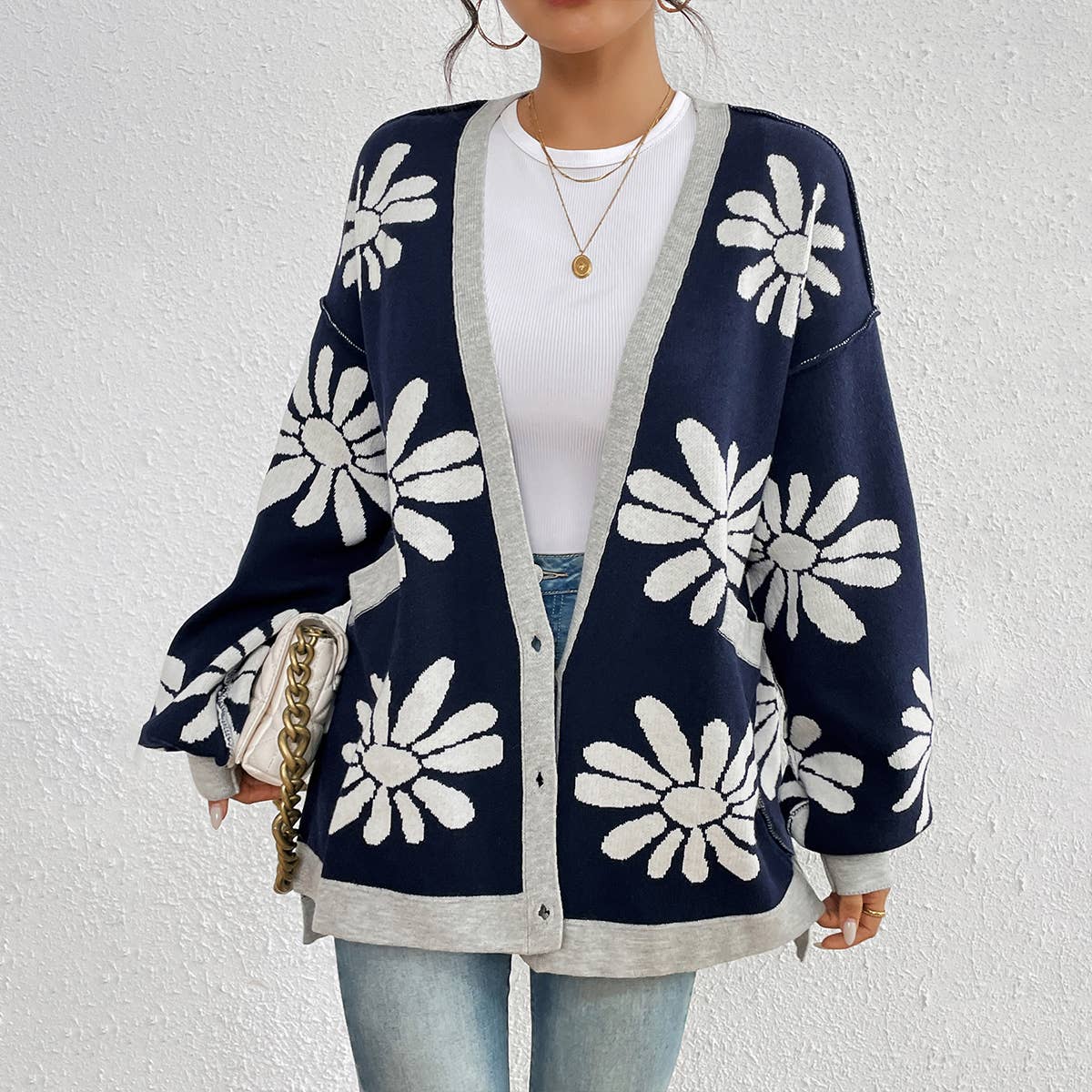 V-NECK PRINT COMMUTER LOOSE KNIT CARDIGAN COAT