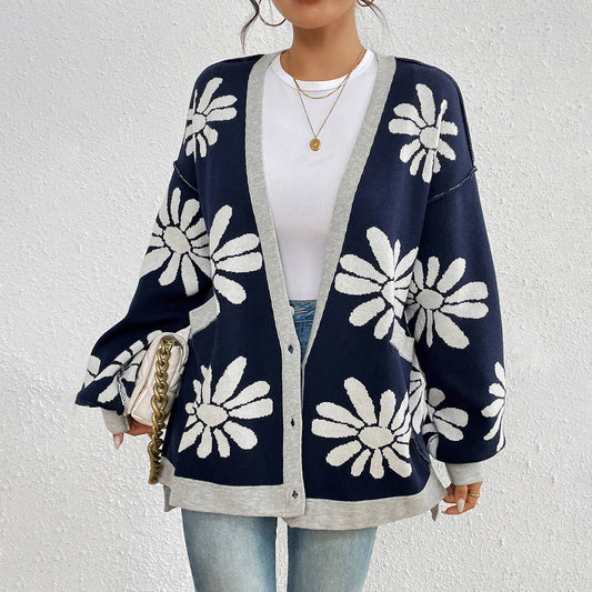 V-NECK PRINT COMMUTER LOOSE KNIT CARDIGAN COAT