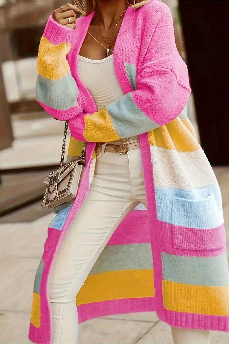 CWOCAL00717_COLORBLOCK RAINBOW STRIPE LONG KNIT CARDIGAN