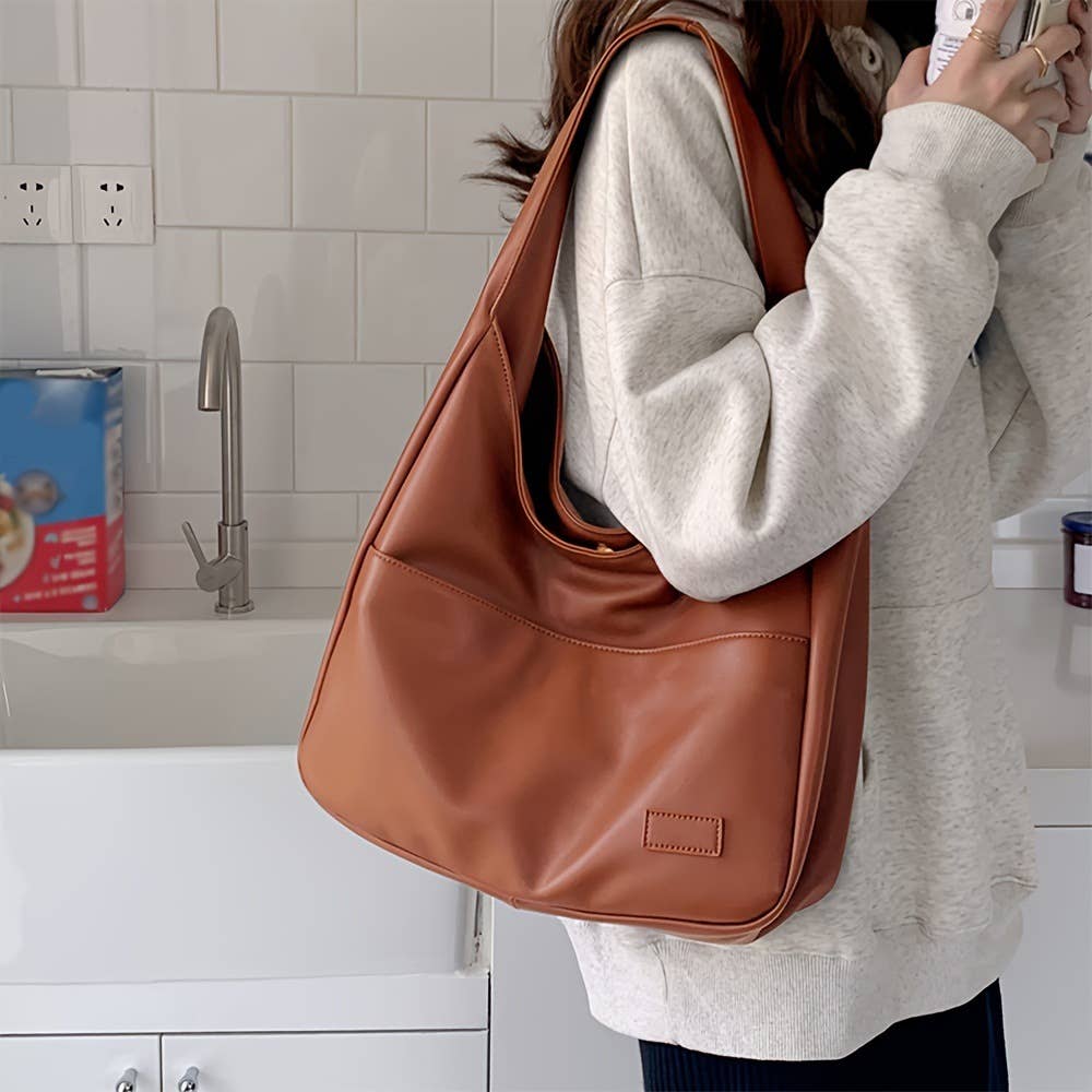 Soft leather bucket bag commuter tote bag