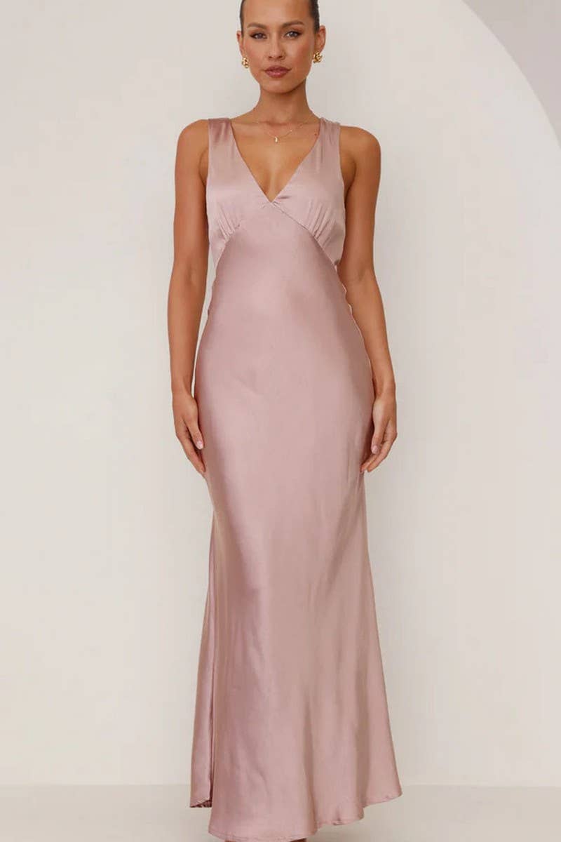 CWDMD5212_SOLID V-NECK BODYCON EVENING GOWN DRESS