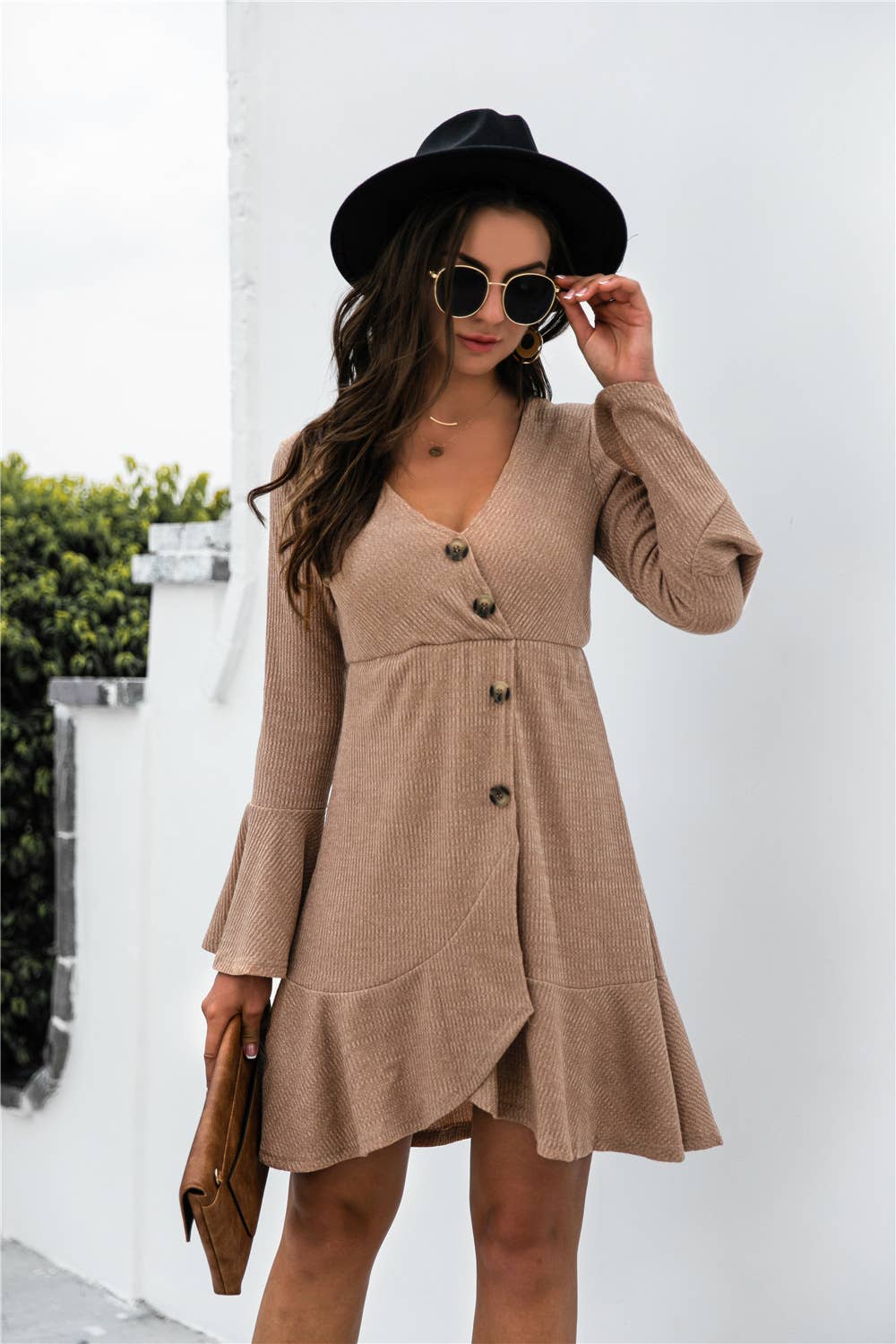 V-NECK RUFFLED TRUMPET SLEEVE BUTTON KNIT DRESS