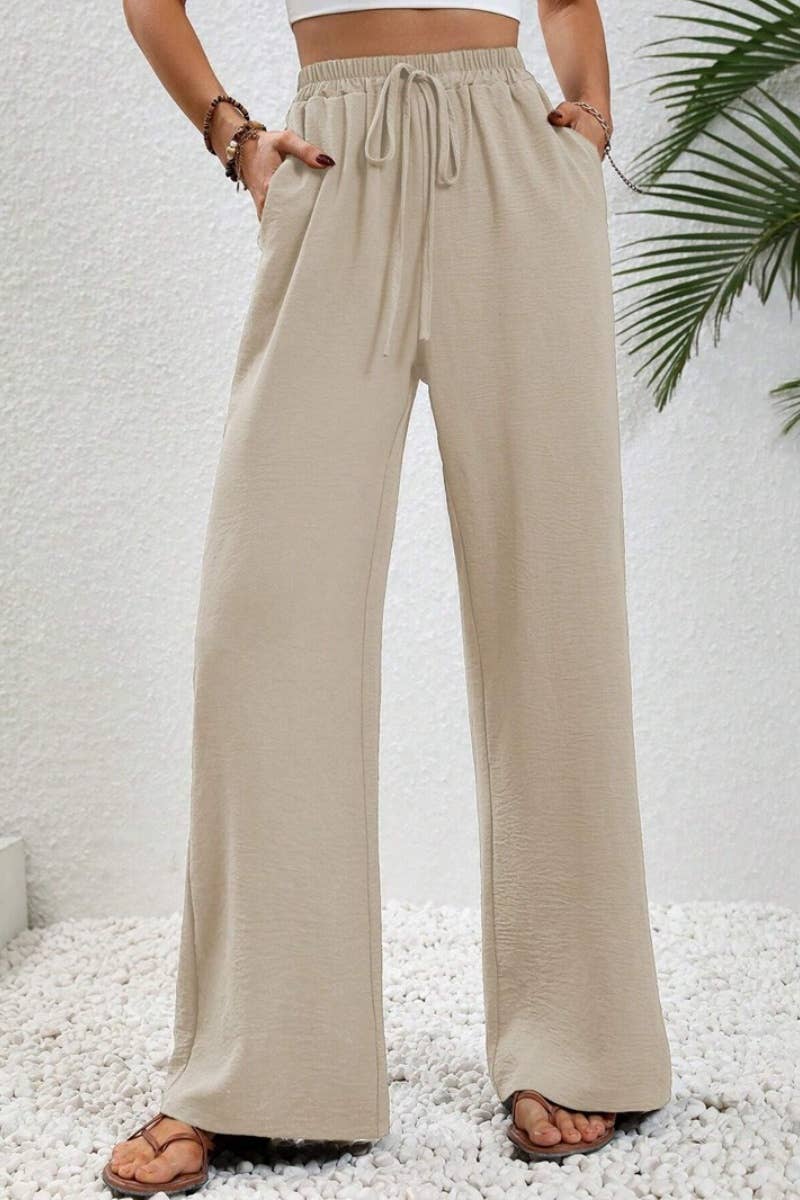 CWBMP0139_SUMMER CASUAL SOLID COLOR LACE-UP WIDE-LEG PANTS