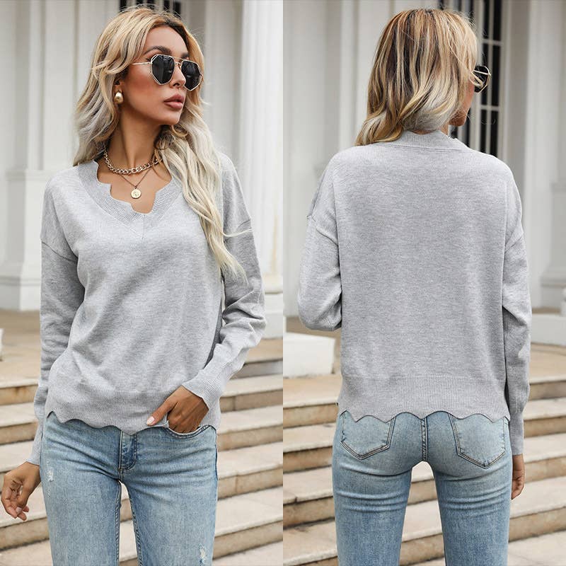 Wavy edge pullover knitted sweater