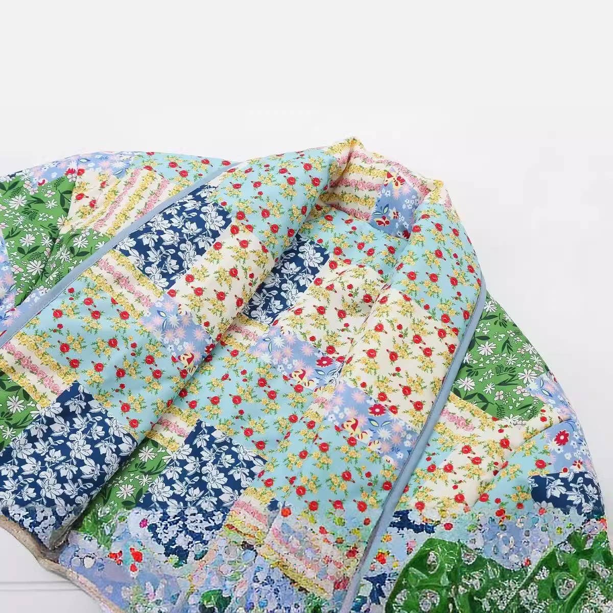 COLORBLOCK PRINT LAPEL QUILTED JACKET