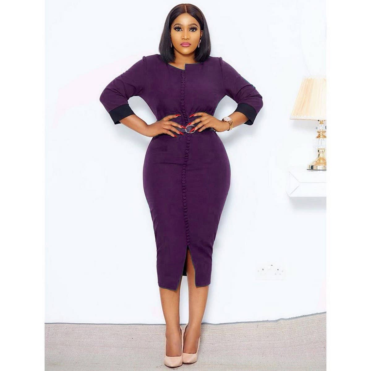 CONTRAST COLOR BUTTONED SLIT OVERSIZED DRESS