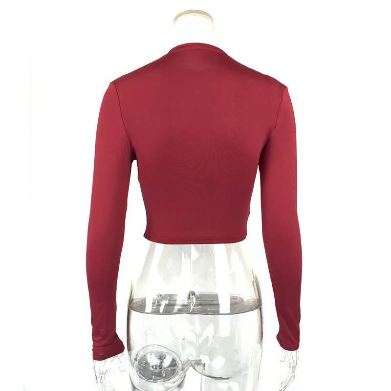 SLIM MIDRIFF HIGH-NECK SHORT LONG-SLEEVED TOP