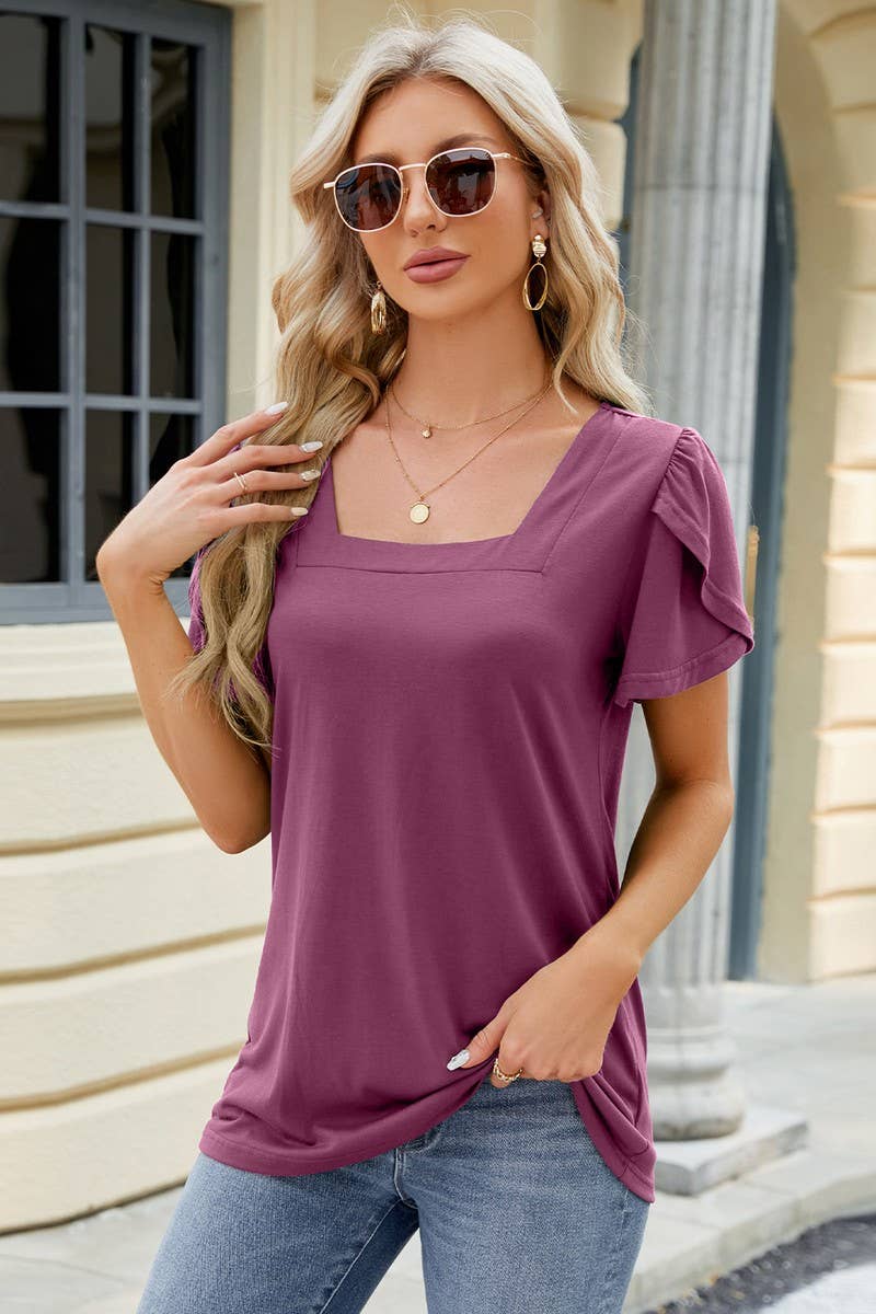 STYLISH SQUARE COLLAR PETAL SLEEVE PRINTED SHIRT_CWTSTS0344