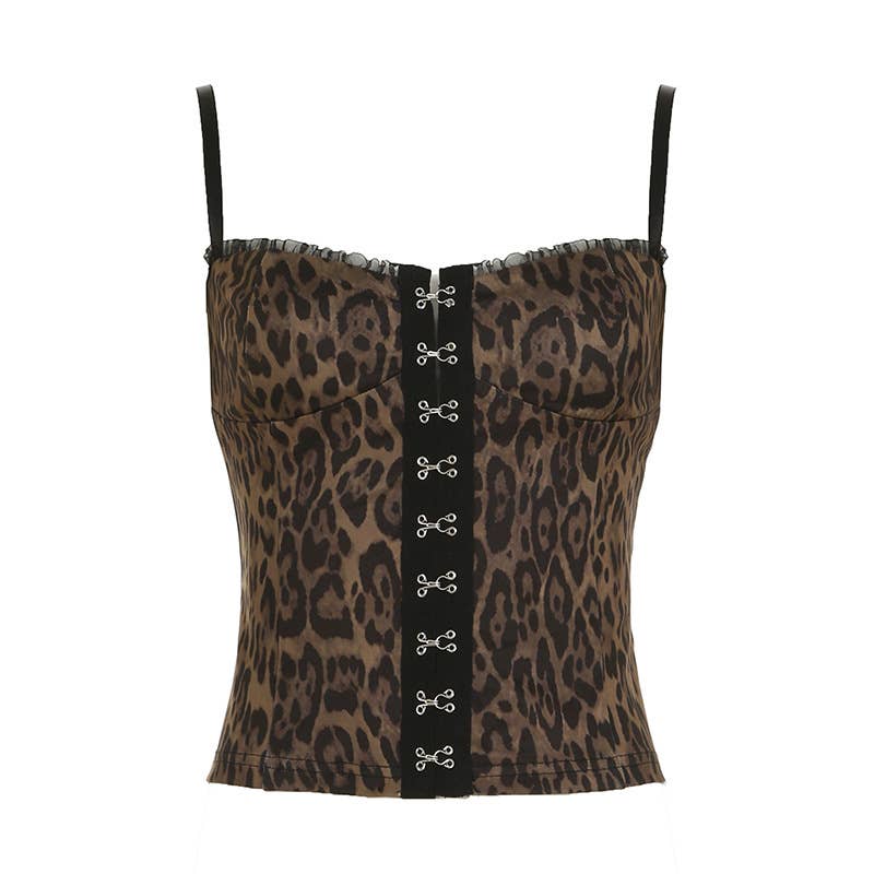 Sexy wood ear lace leopard print halter top