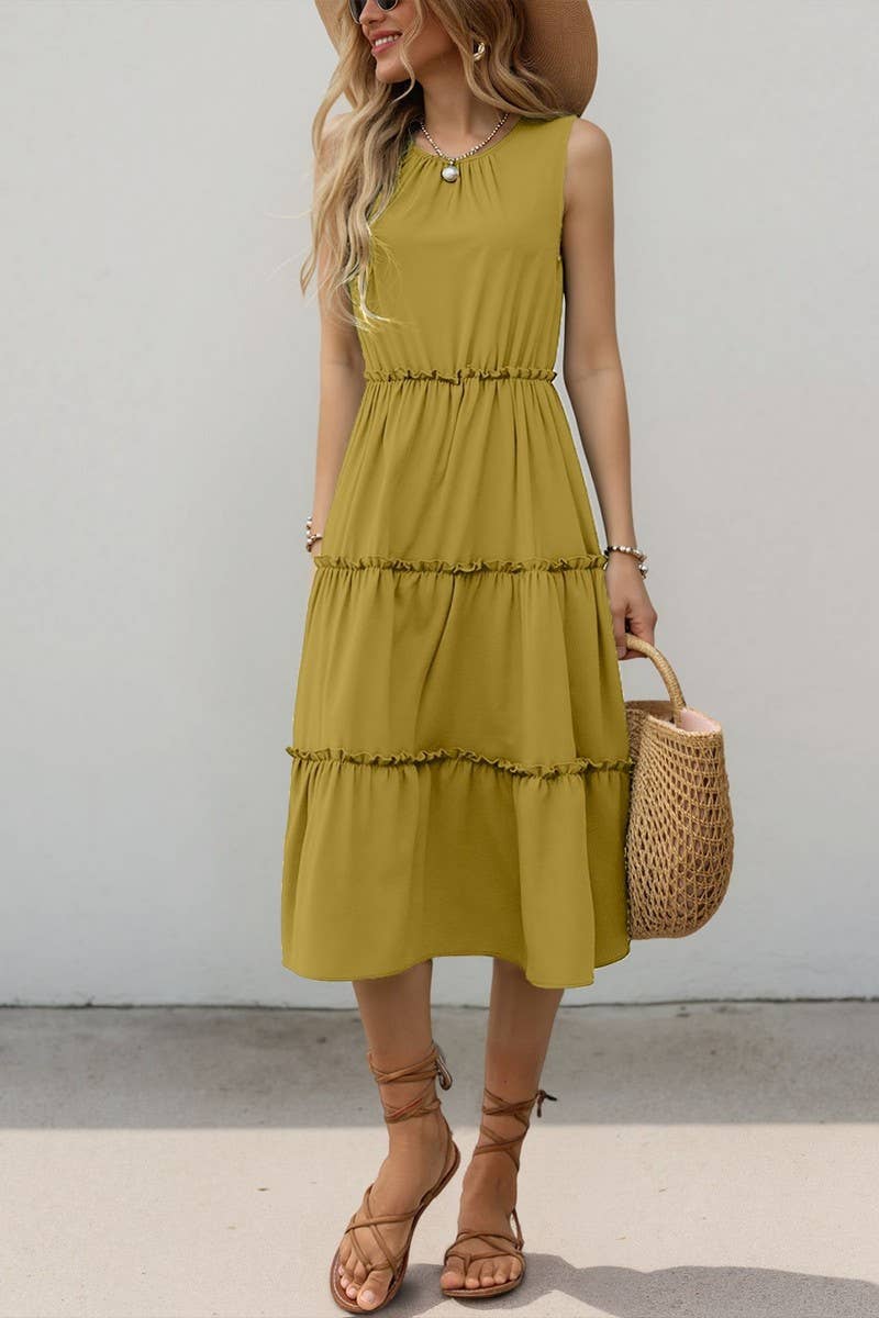 CWDMD5773_SOLID RUFFLED SLEEVELESS PLEATED MIDI DRESS