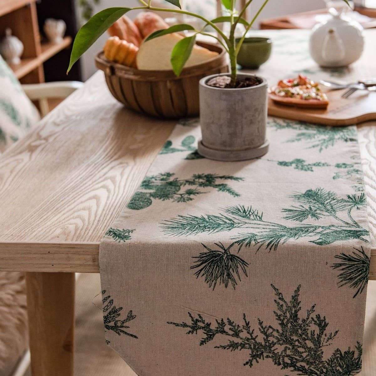 GREEN PINE CONE PRINTED FABRIC LONG TABLECLOTH