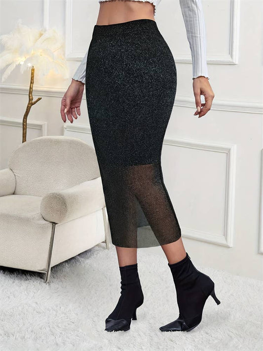 Elegant see-through knitted elastic skirt