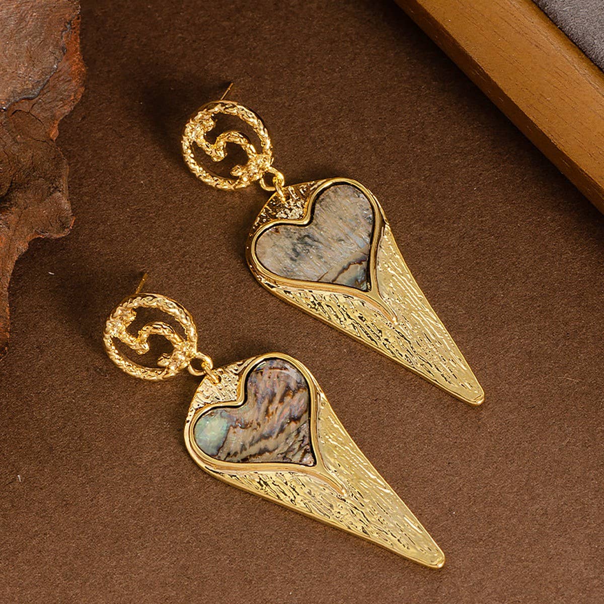 SILVER NEEDLE COLORFUL ABALONE HEART EARRINGS