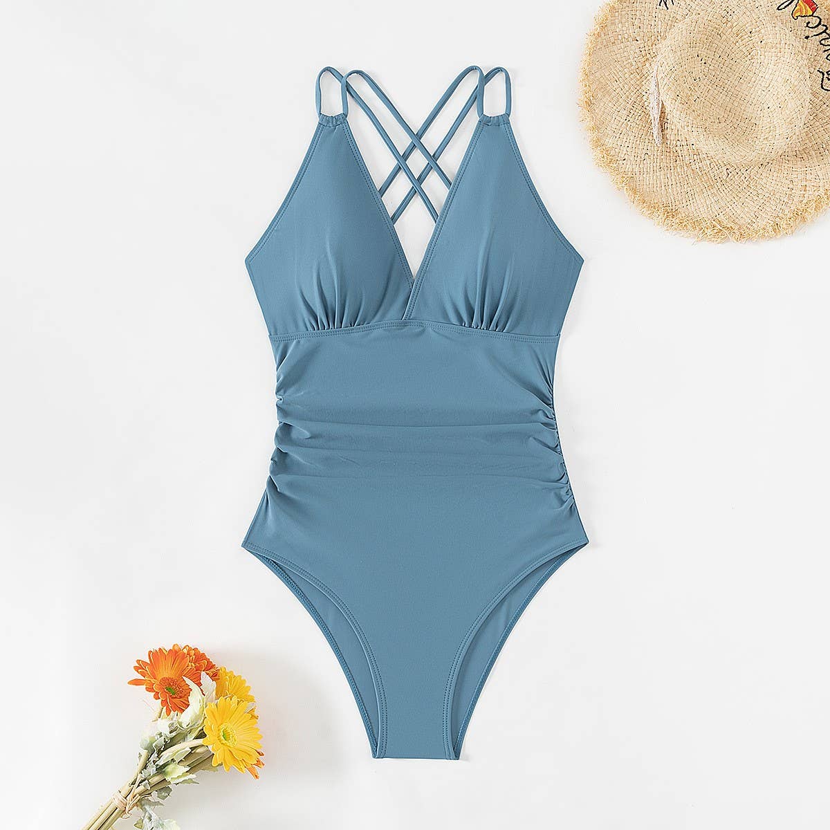 SEXY PLEATED BACK HOLLOW SLIM ONE-PIECE SWIMSUIT
