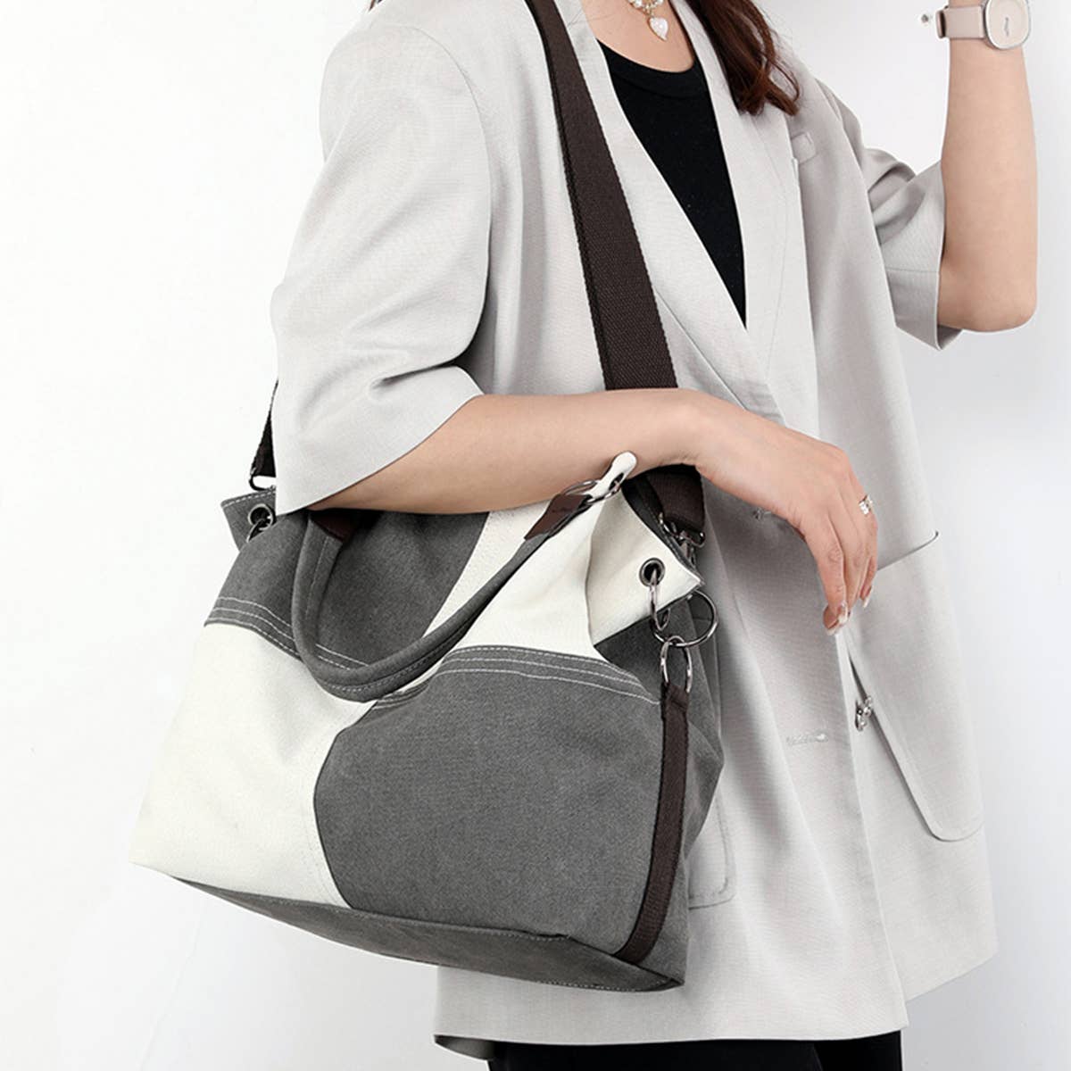 RETRO STITCHING CANVAS TOTE BAG_CWAB1256