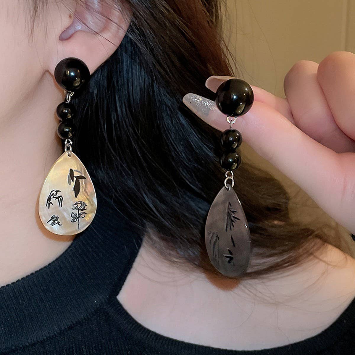 SILVER NEEDLE DROPS OIL LEAVES WATER DROPS EARRINGS_CWAJE205