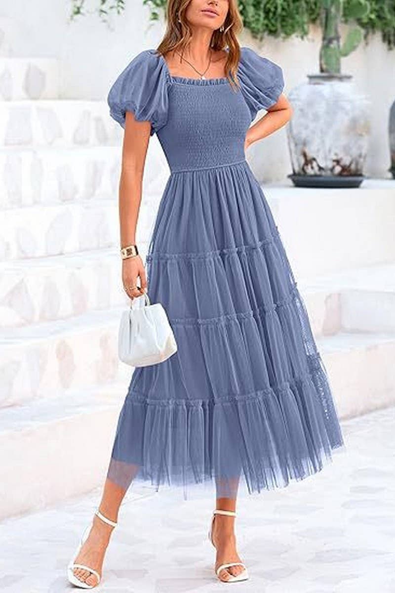 CWDMD6369_SQUARE NECK PLEATED MESH PANELED FLUFFY DRESS