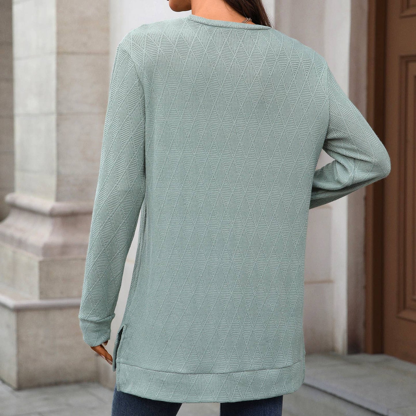 Round-neck knitted jacquard long-sleeved T-shirt