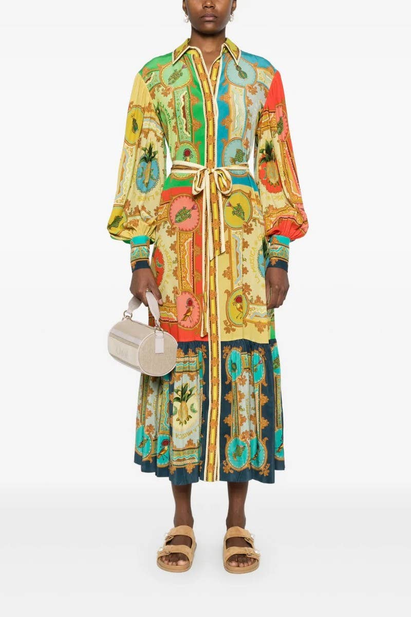 CWDMD5745_NEW PRINTED LANTERN SLEEVE SINGLE BREASTED DRESS